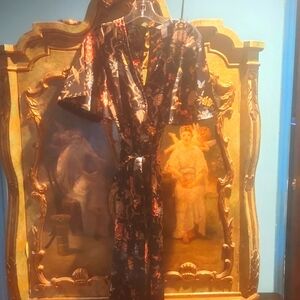 H&M Jumpsuit Black Botanical Floral Bird Chinoiserie Flutter Sleeve 2